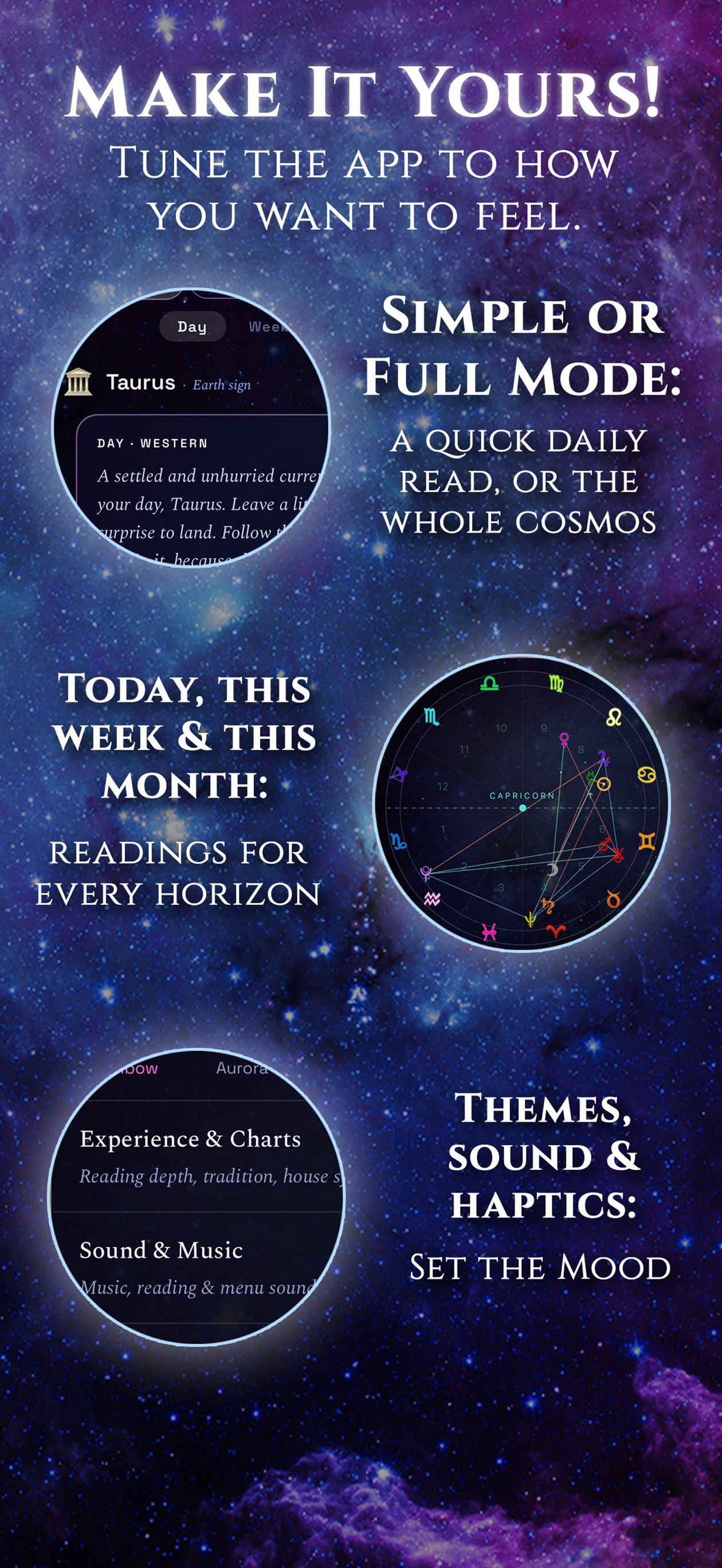 Simple or Full Mode, themes, sound and haptics